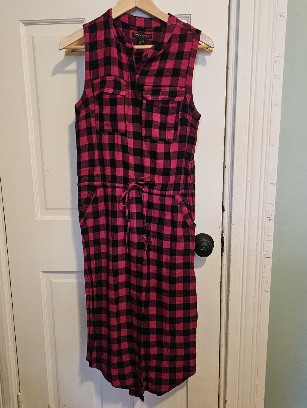 GAP Sleeveless Pink and Black Plaid Drawstring Shirt Dress